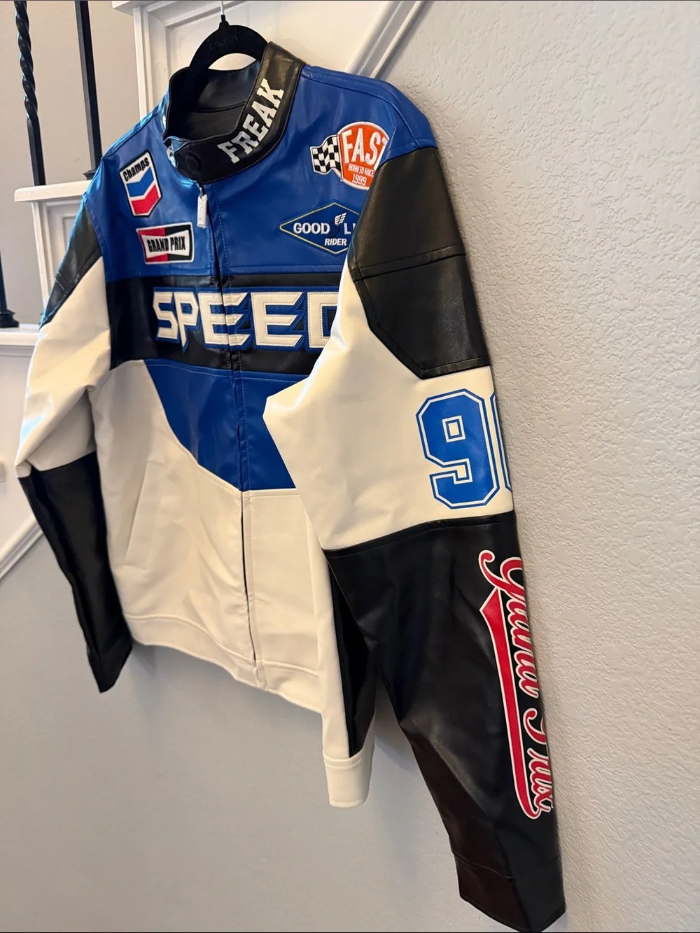 Adult Goodlife Blue White Black Racing 'SPEED' Leather Jacket